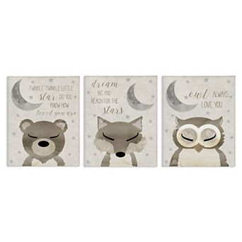 Stupell Home Decor Nighttime Animals & Lullabies Canvas Wall Art 3 pc Set