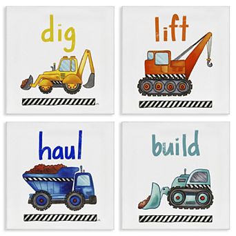 Stupell Home Decor Kids Construction Truck Vehicles Phrase Canvas Wall Art 4 pc Set