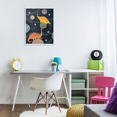 Stupell Home Decor Dinosaur Astronauts on Space Planets Framed Floating Canvas
