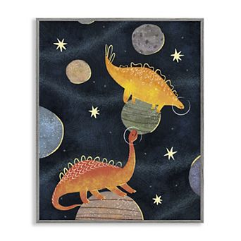 Stupell Home Decor Dinosaur Astronauts on Space Planets Framed Floating Canvas