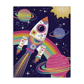 Stupell Home Decor Magical Playful Rainbow Space Rocket Stretched Canvas Print