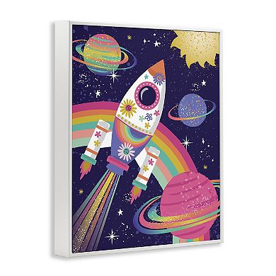 Stupell Home Decor Magical Playful Rainbow Space Rocket Framed Floating Canvas