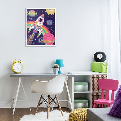 Stupell Home Decor Magical Playful Rainbow Space Rocket Framed Floating Canvas