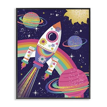 Stupell Home Decor Magical Playful Rainbow Space Rocket Framed Floating Canvas