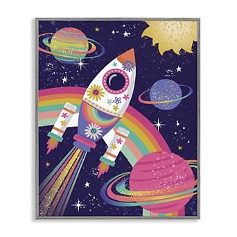 Stupell Home Decor Magical Playful Rainbow Space Rocket Framed Floating Canvas