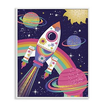 Stupell Home Decor Magical Playful Rainbow Space Rocket Framed Floating Canvas