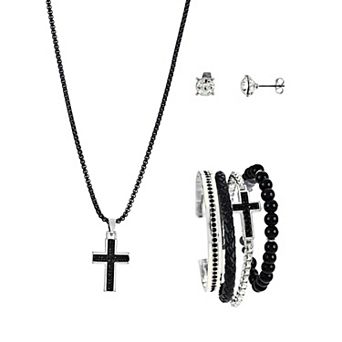 American Exchange Men's Silver Tone & Black Necklace, Bracelet & Earrings Set