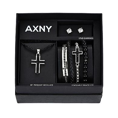 American Exchange Men's Silver Tone & Black Necklace, Bracelet & Earrings Set