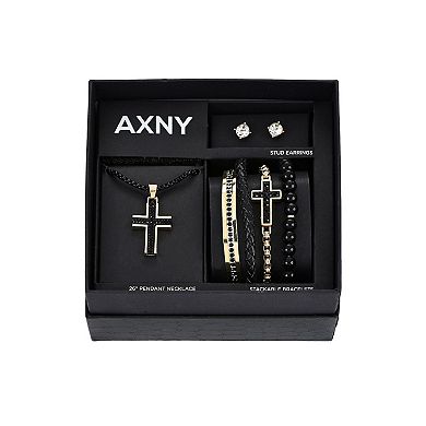 American Exchange Men's Gold & Black Tone Necklace, Bracelet & Earrings Set