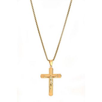 American Exchange Men's 18k Gold Over Stainless Steel Cross Pendant Necklace