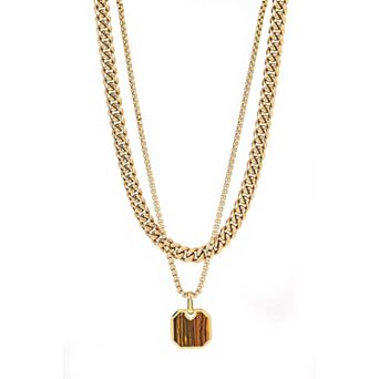 American Exchange Men's 18k Gold Over Stainless Steel ID Tag & Box Chain Necklace 2 pc Jewelry Set