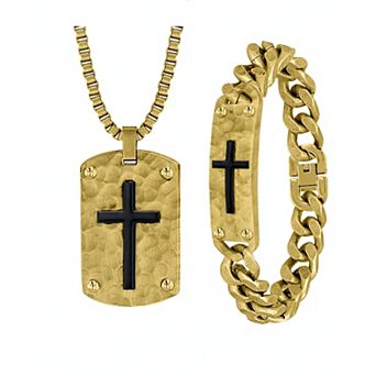 American Exchange Men's 18k Gold Over Stainless Steel Cross Necklace & Bracelet 2 pc Jewelry Set