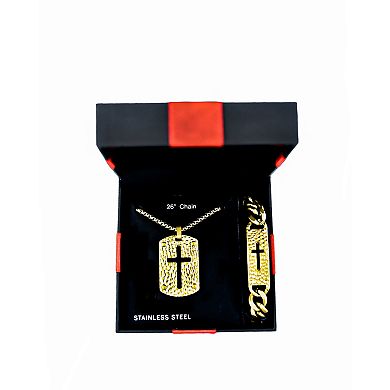 American Exchange Men's 18k Gold Over Stainless Steel Cross Necklace & Bracelet 2-Piece Jewelry Set