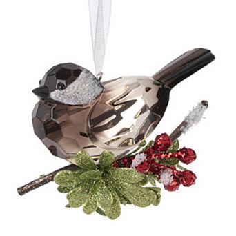 Kissing Krystals Chickadee with Berry Branch Christmas Ornament