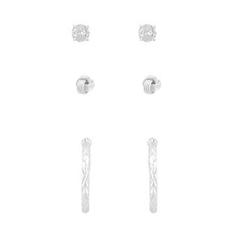 American Exchange 3-Pair Sterling Silver Cubic Zirconia Hoop, Knot, & Stud Earring Set