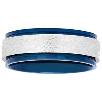 Steel Nation Men's Stainless Steel with Blue Ion Plated Strip Ring