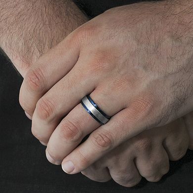 Steel Nation Men's Stainless Steel with Blue Ion Plated Strip Ring