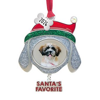 Pet Frame Ornament Dog Head with Santa Hat Frame Santa's Favorite with Crystal and Dated 2026 Bone Charm