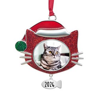 Cat Head with Santa Hat Frame Christmas Tree Ornament with Dated 2026 Fish Charm