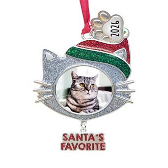 Santa's Favorite Sentiment Cat Head with Santa Hat Frame Christmas Tree Ornament with Dated 2026 Paw Print Charm
