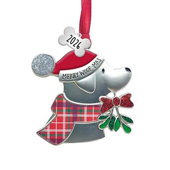 Dog with Mistletoe Merry Woof-Mas with Dated 2026 Dog Bone Charm Pet Ornament