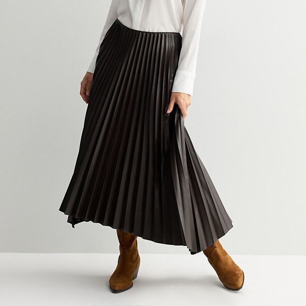 Women's Nine West Brown Faux Leather Pleated Skirt