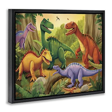 Stupell Home Decor Dinosaurs in Jungle Scene Framed Floating Canvas Wall Art