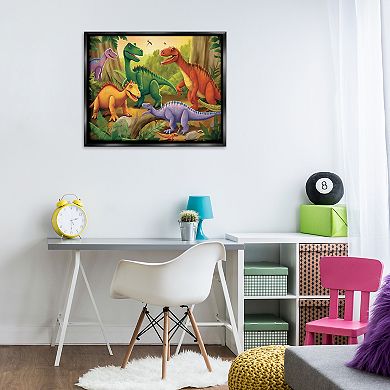Stupell Home Decor Dinosaurs in Jungle Scene Framed Floating Canvas Wall Art