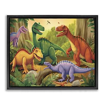 Stupell Home Decor Dinosaurs in Jungle Scene Framed Floating Canvas Wall Art