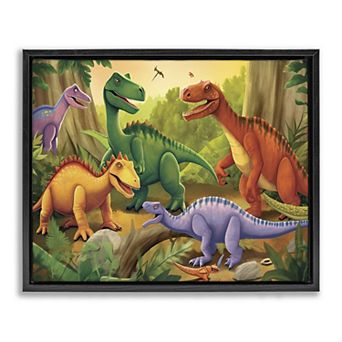 Stupell Home Decor Dinosaurs in Jungle Scene Framed Floating Canvas Wall Art