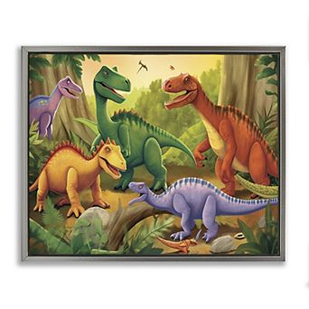 Stupell Home Decor Dinosaurs in Jungle Scene Framed Floating Canvas Wall Art