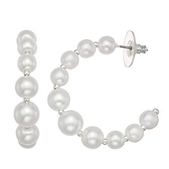 You're Invited Silver Tone Simulation Pearl C Hoop Earrings