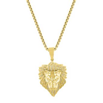 Men's Steel Nation Two Tone Stainless Steel 1/4 Carat T.W. Diamond Lion Head Pendant Necklace