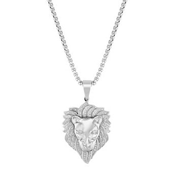 Men's Steel Nation Two Tone Stainless Steel 1/4 Carat T.W. Diamond Lion Head Pendant Necklace