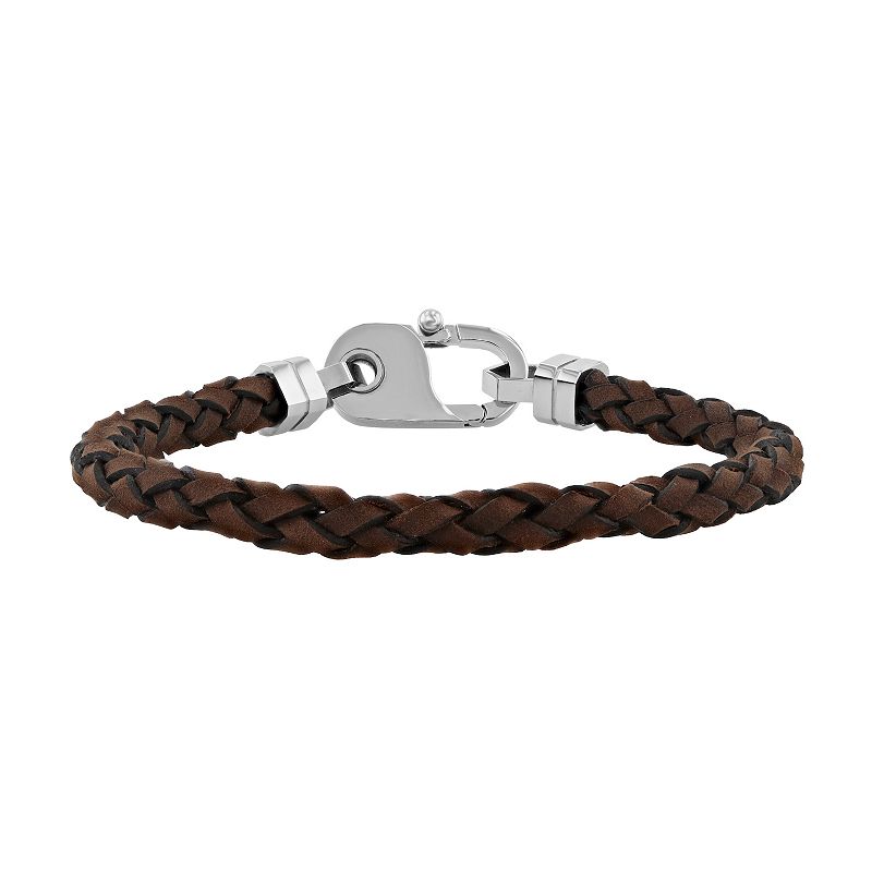 Men's Steel Nation Stainless Steel & Leather Braided Bracelet, Brown Stainless