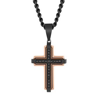 Men's Steel Nation Two Tone Ion-Plated Stainless Steel 1/5 Carat T.W. Black Diamond Cross Pendant Necklace