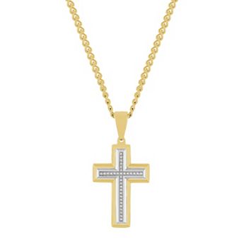 Steel Nation Men's 1/10 Carat T.W. Diamond Gold-Tone Stainless Steel Cross Pendant Necklace