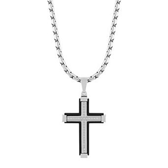 Steel Nation Men's 1/6 Carat T.W. Diamond Black Ion-Plated Stainless Steel Cross Pendant Necklace