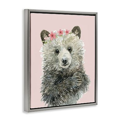 Stupell Home Decor Fuzzy Bear With Floral Crown Framed Floating Canvas Wall Art
