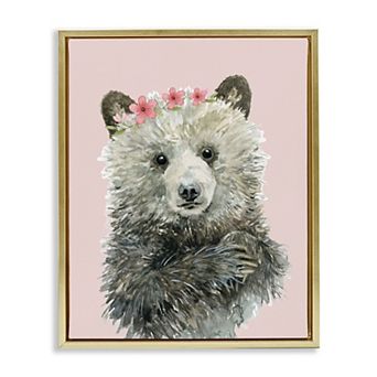 Stupell Home Decor Fuzzy Bear With Floral Crown Framed Floating Canvas Wall Art