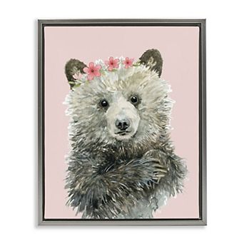 Stupell Home Decor Fuzzy Bear With Floral Crown Framed Floating Canvas Wall Art