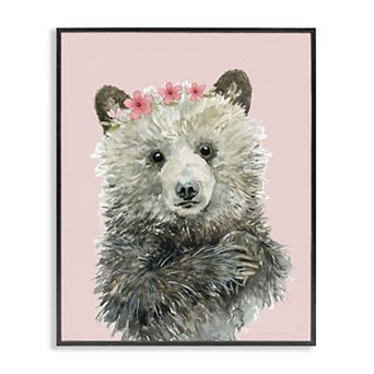 Stupell Home Decor Fuzzy Bear with Floral Crown Framed Canvas Wall Art