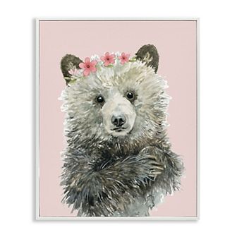Stupell Home Decor Fuzzy Bear with Floral Crown Framed Canvas Wall Art