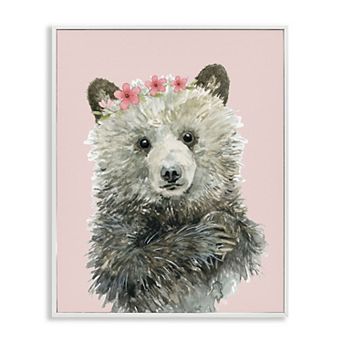 Stupell Home Decor Fuzzy Bear with Floral Crown Framed Canvas Wall Art