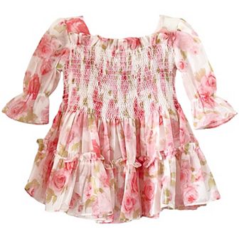 Toddler Girls Pink Floral Long-Sleeve Smocked Dress