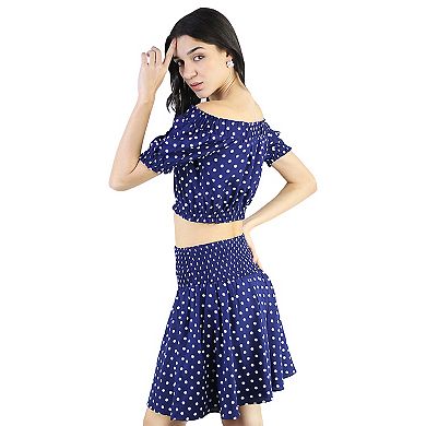 Women's Polka Dot Off Shoulder Crop Top Short Skirt 2 Piece Set