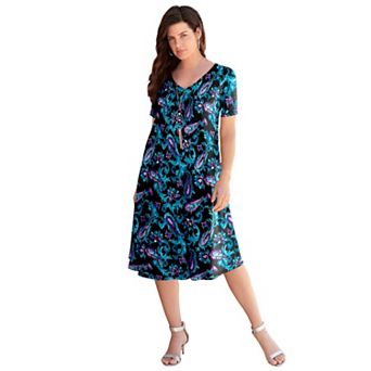 Roaman's Women's Plus Size Petite Plus Size Short Sleeve Sleeve Swing Dress