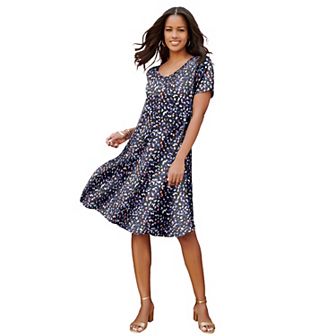 Roaman's Women's Plus Size Petite Ultrasmooth Plus Size V-Neck Swing Dress Soft Knit, Flattering