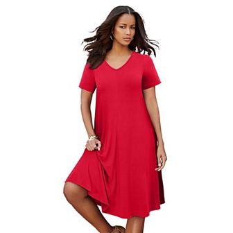 Roaman's Women's Plus Size Petite Ultrasmooth Plus Size V-Neck Swing Dress Soft Knit, Flattering