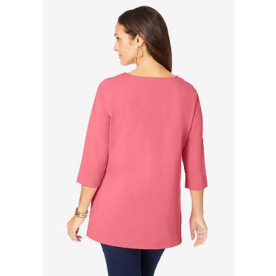 Jessica London Women's Plus Size Stretch Cotton Crochet Notch Neck Tunic